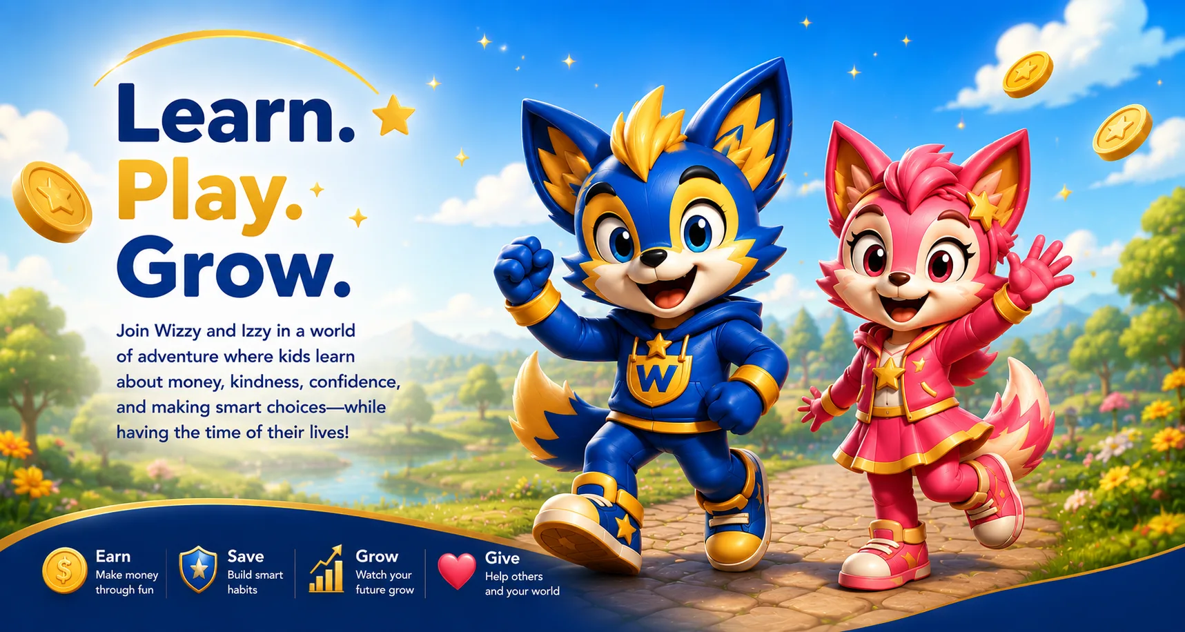 Wizzy and Izzy — the WizzKids adventure heroes — standing on a golden path surrounded by coins, stars, and a magical world. Text reads: Learn. Play. Grow.